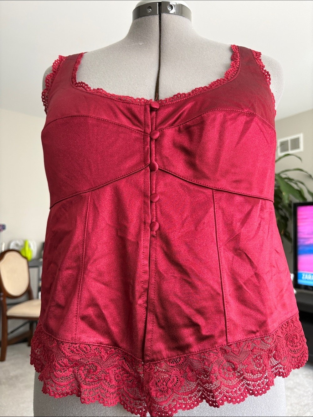 Women's Red Lace-Trim Sleep Chemise Tank